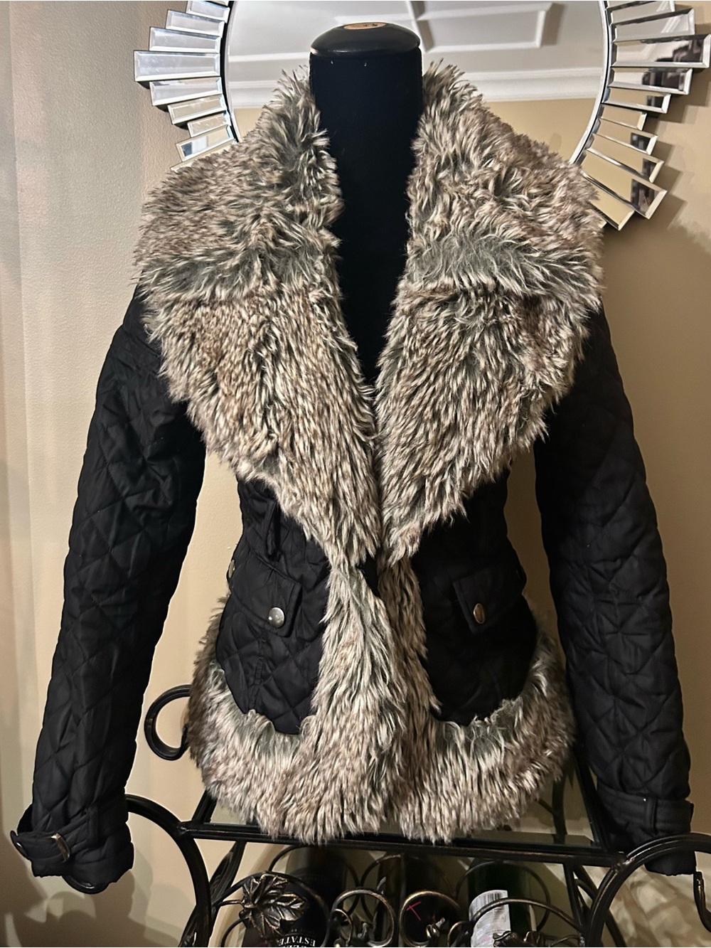 Black Quilted Puffer Jacket with Faux Fur Trim